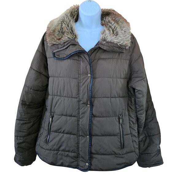 Old Navy Womens Faux Fur Collar Puffer Jacket Brown boho cottagecore warm soft - Picture 1 of 7